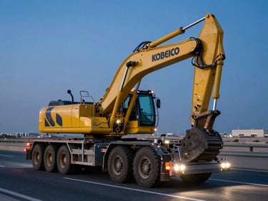 A heavy transport low-bed trailer carrying a massive Kobelco excavator, shot at dusk with active headlights on a modern UAE highway, deep blue sky.