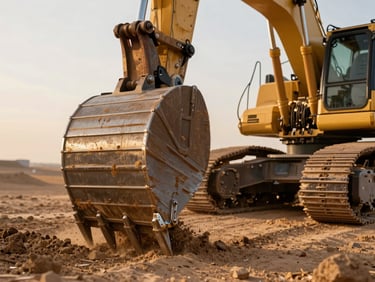 Low-angle close-up of a heavy crawler excavator bucket digging into desert soil, golden hour lighting, sharp focus on steel teeth