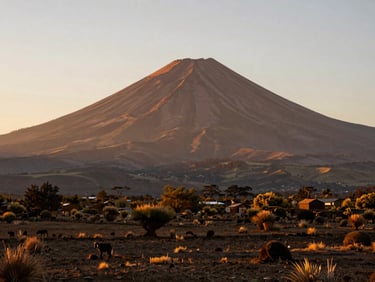 Terreno agrícola plano en Frutillar, vista al volcán de fondo, luz dorada de atardecer