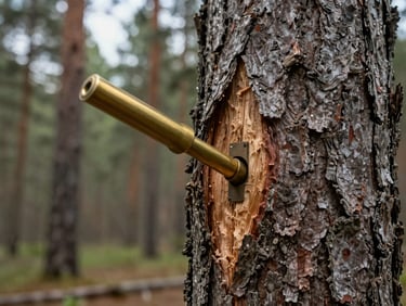 Close-up of a brass increment borer being inserted into a mature pine trunk, natural overcast forest light, detailed bark texture.