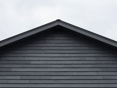 Low-angle architectural shot looking up at a clean roofline and perfectly aligned charcoal siding, crisp overcast sky, sharp focus