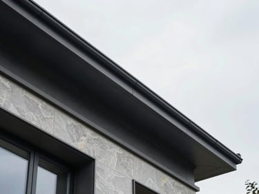 Low-angle architectural shot looking up at a modern luxury home's clean roofline and charcoal gutters, crisp overcast daylight, sharp focus, 35mm