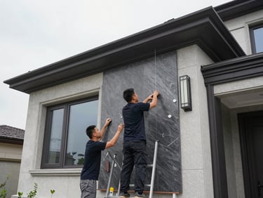A synchronized professional crew meticulously installing architectural panels on a luxury residential exterior, clean organized workspace, daytime