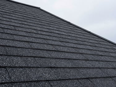 Close-up of pristine, perfectly aligned dark asphalt shingles on a steep roof pitch, overcast light.
