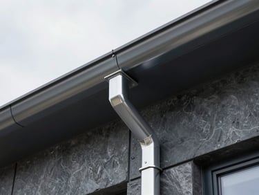Sleek aluminum gutters and downspouts mounted on a modern dark fascia board, sharp details.