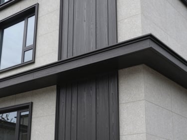 Luxury residential facade featuring premium wood-grain Lux panels and soffits, sharp focus