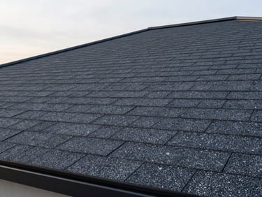 Close-up of perfectly aligned architectural asphalt shingles on a modern roof, early morning light