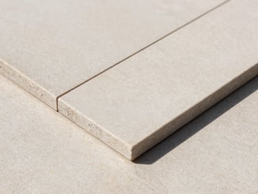 Close-up of a thick double-charged vitrified tile slab showing the polished cross-section, neutral stone tones, sharp focus