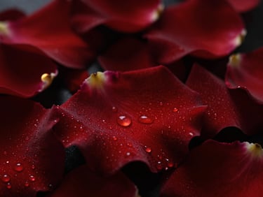 Extreme close-up of damp crimson rose petals with tiny water droplets, dark moody lighting, warm amber highlights, macro lens.