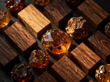 Macro overhead flat-lay of resinous oud wood blocks and raw amber resins, dramatic low-key lighting, rich golden-hour glow, 35mm.
