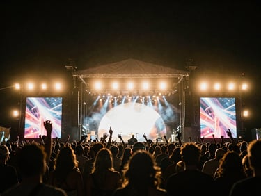 Wide panoramic shot of a vibrant music festival stage at night, dramatic stage lights flaring, crowd silhouetted, high contrast, deep shadows, 35mm film grain.