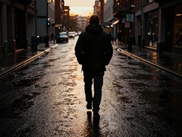 Candid urban portrait of a person walking down a rainy street at golden hour, dramatic high-contrast, moody low-light, off-center composition, 35mm film grain.