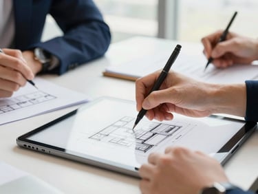 Close-up of hands sketching on a tablet during a sprint-based innovation workshop, architectural details of a modern regional workspace, bright natural window light, corporate navy and warm orange tones, sharp focus, 35mm