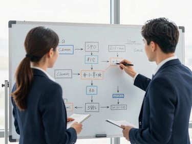 Focused professionals collaborating around a whiteboard with strategic diagrams and flowcharts, bright natural window light, corporate navy and warm orange tones, sharp focus, 35mm