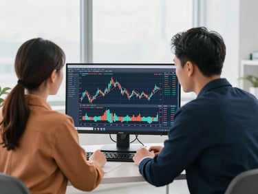 Two professionals in natural conversation reviewing financial charts on a large monitor, modern office environment, bright natural window light, corporate navy and warm orange tones, sharp focus, 35mm