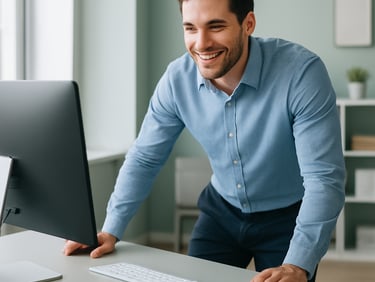 employé vu de face, debout penché vers son bureau avec les main sur celui-ci
