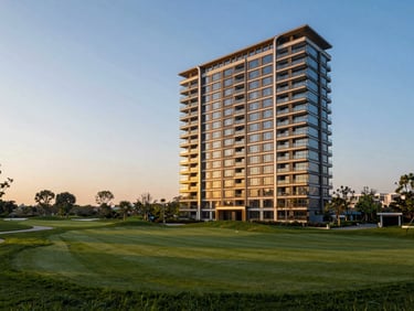 Modern luxury high-rise apartment exterior overlooking a lush green golf course, golden hour sunlight, architectural photography