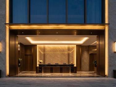 Architectural detail of a modern, luxurious lobby with a discreet concierge desk, warm high-end interior lighting, deep blue and warm gold tones, low-angle to emphasize scale