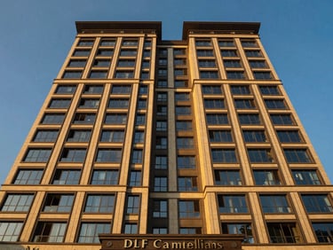 Wide-angle architectural exterior of DLF Camellias, Gurugram, modern high-rise, golden hour sunlight, deep blue and warm gold tones, symmetrical composition, luxury architectural photography, 35mm