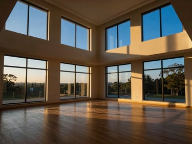 Clean, empty, premium interior shot of a spacious living room with large windows, warm lighting, deep shadows.