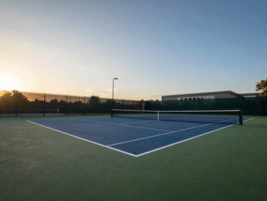 Wide-angle shot of a well-maintained tennis court with green surfacing, golden hour light, empty and clean.