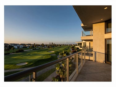 View from a luxury apartment balcony overlooking a lush golf course at golden hour, deep blue and warm gold tones, wide-angle architectural photography