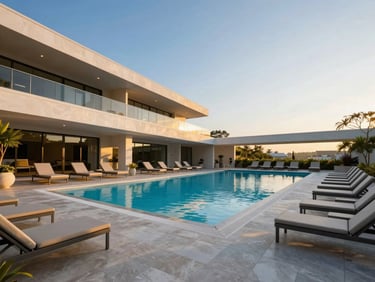 Architectural shot of a modern, clean swimming pool area with sun loungers, golden hour light, wide-angle.