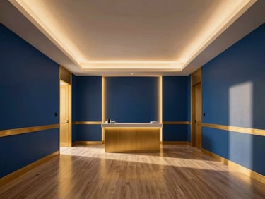 Elegant interior of a private spa with clean lines, warm lighting, deep blue and warm gold tones, symmetrical composition, empty, luxurious