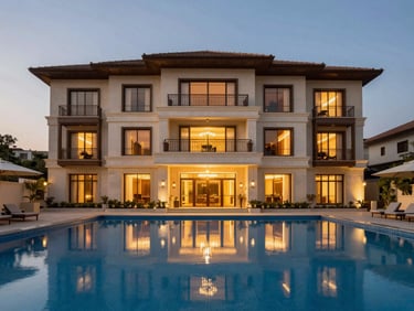 Luxury residential clubhouse exterior with swimming pool reflecting warm evening lights, Sector 65 Gurgaon