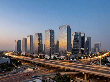 Modern, clean highway interchange near high-rise buildings in Gurugram at dusk, long exposure lights, wide-angle.