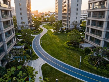 Aerial view of a well-maintained jogging track curving through lush green gardens within a luxury residential complex, golden hour sunlight.