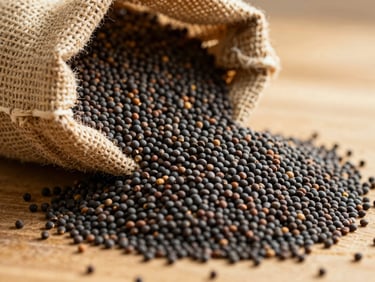 Close-up of dark black mustard seeds spilling from a burlap sack, warm natural light.