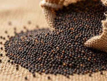Close-up of dark black mustard seeds spilling from a burlap sack, warm natural light highlighting texture, earthy tones, shallow depth of field, 35mm
