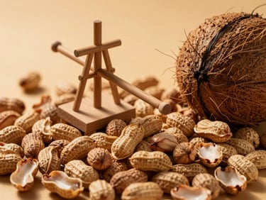 Stylized image of groundnuts and coconuts beside a small wooden ghani model, soft, warm light.