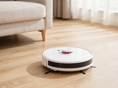 Robot vacuum cleaner navigating near a sofa on a light wooden floor, bright natural daylight, 35mm lens