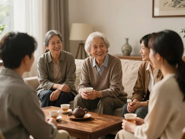 Alumni sitting respectfully around a senior teacher's living room, sharing tea and laughter, soft indoor lighting.