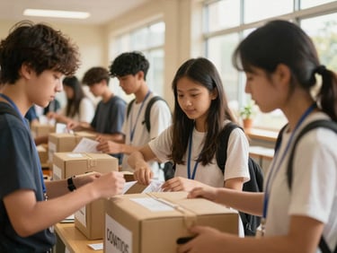 Students organizing donation boxes in a school hallway, candid interaction, warm natural light.
