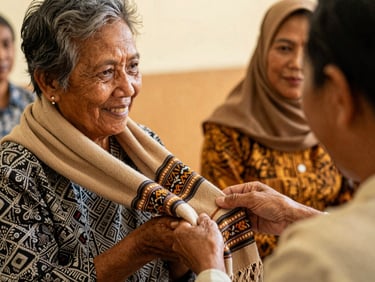 Close-up of a retired teacher receiving a hand-woven traditional Ulos scarf from alumni, warm lighting, genuine smiles, emotional connection.