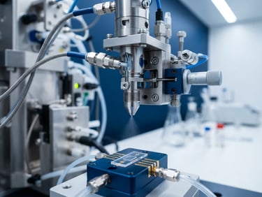 Crisp industrial photography of high-tech laboratory testing equipment, bright high-key sterile white lighting, macro lens focus on a precision testing nozzle, 35mm