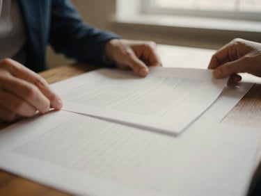 Close-up of hands (not looking at camera) reviewing documents on a large table, warm natural light, textured paper, subtle shadows, shallow depth of field, warm editorial photography.