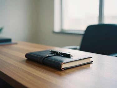Architectural detail of a modern, well-lit office interior, focusing on a polished wooden desk with a leather-bound journal and a pen, soft natural light, shallow depth of field, warm editorial photography.