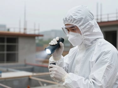 A technician in crisp white PPE inspecting a building foundation with a high-intensity flashlight, bright sterile daylight, focus on technical precision.