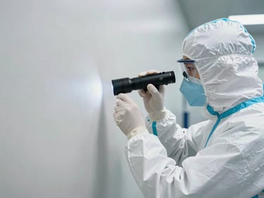 Bright sterile daylight, a technician in a crisp white PPE suit using a professional inspection flashlight on a clean foundation wall, clinical and focused framing.