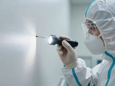 Macro shot of a technician in crisp white PPE inspecting a wall crevice with a bright sterile LED flashlight, highly focused, clinical sterile lighting, clean indoor environment.