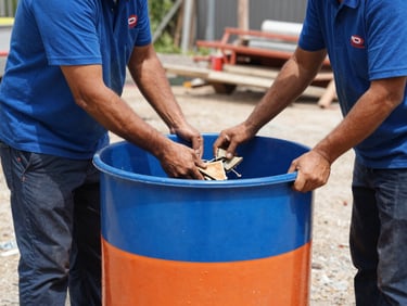 Team member in branded uniform safely loading debris into a blue and orange waste drum, bright natural daylight, organized construction site, close-up on hands and drum, Atibaia region.