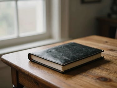A leather-bound estate ledger resting on a heavy oak table, soft morning light filtering through a tall window, deep shadows, 35mm