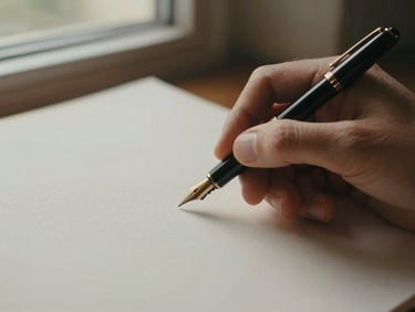 A close-up of a hand holding a classic fountain pen over high-quality textured paper, soft window light, warm editorial tones, 35mm