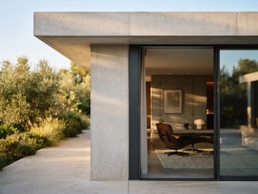 Elegant contemporary architectural facade with clean concrete lines and expansive glass panels, captured in soft natural daylight of late afternoon, sophisticated neutral tones, shallow depth of field