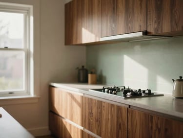 A modern fitted kitchen with rich wood detailing, soft afternoon sun, warm editorial photography.