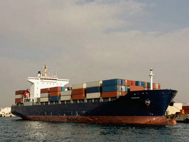 A massive cargo ship docked at a modern industrial port in Dubai, dramatic overcast harbor light, high contrast containers stacked on deck.